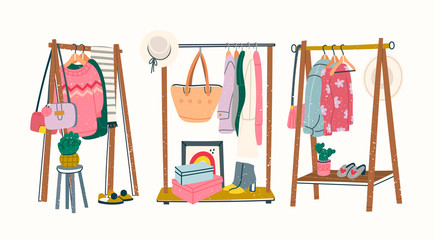 Wardrobe. Showroom concept. Set of three Clothing racks. Various clothes on hangers. Boots, coat, shoe boxes, bags, hats, jackets, sweaters. Hand drawn trendy colored Vector illustration