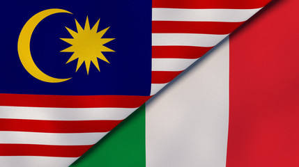 The flags of Malaysia and Italy. News, reportage, business background. 3d illustration