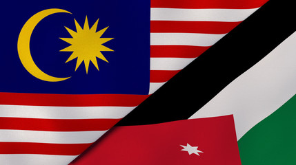 The flags of Malaysia and Jordan. News, reportage, business background. 3d illustration