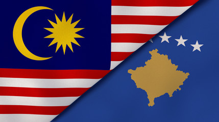 The flags of Malaysia and Kosovo. News, reportage, business background. 3d illustration