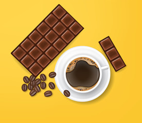 Chocolate realistic and black coffee, yellow background vector