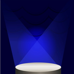 A round stage with a dark blue background illuminated by spotlights from above. Vector illustration.