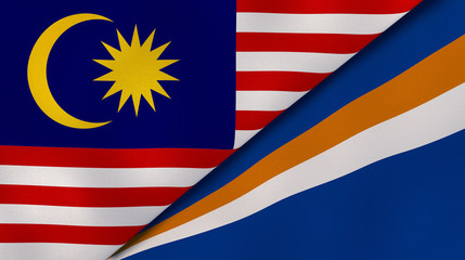 The flags of Malaysia and Marshall Islands. News, reportage, business background. 3d illustration