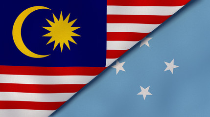 The flags of Malaysia and Micronesia. News, reportage, business background. 3d illustration