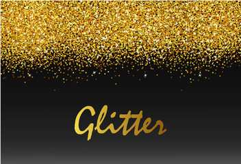Gold glitter realistic, black background vector illustration