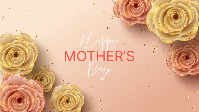 Happy Mother's Day banner. Holiday greeting card with realistic 3d gentle flowers with golden sand. Vector illustration with paper roses and gold confetti.