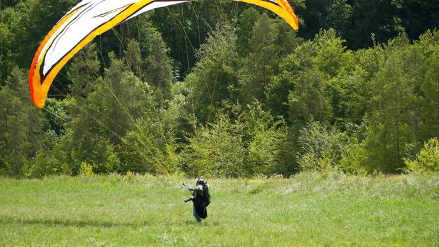 Paraglider lands with parachute, paraglide falls down. Summer extreme sports.