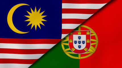 The flags of Malaysia and Portugal. News, reportage, business background. 3d illustration