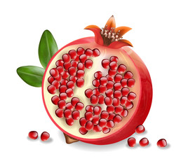 Pomegranate, fresh fruit realistic isolated white background, organic fruit
