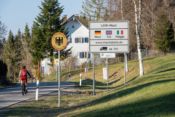 Oberreutte,Bavaria/ Germany - 08-04-2020, advisory boards and trucker toll advice on a country road...