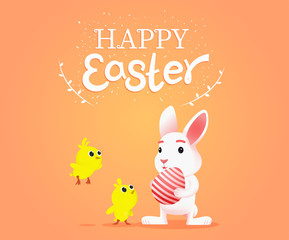 Happy Easter greeting card with bunny and chicks and Easter egg on orange background. Happy Easter text design. Vector wallpaper illustration.