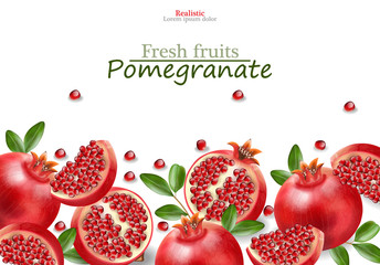 Red pomegranate realistic, fresh fruit isolated, white background