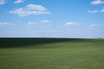Obraz premium Beautiful field landscape. Countryside village rural natural background at sunny weather in spring summer. Green grass and blue sky with clouds. Nature protection concept.