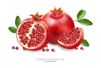 Red pomegranate realistic, fresh fruit isolated, white background, pomegranate banner