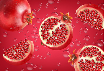 Red pomegranate and water splashes realistic, fresh fruit isolated, white background, pomegranate banner