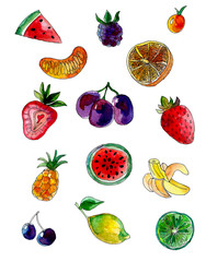 Set of summer fresh fruits hand-drawn in watercolor, isolated on white. Design elements: Watermelon, BlackBerry, sea Buckthorn, peach, orange, strawberry, grape, pineapple, banana, lemon, cherry.