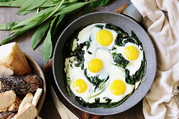 fried eggs with wild garlic as a shakshuka. fried eggs in a frying pan under gray marble on a table, top view. Keto diet dish