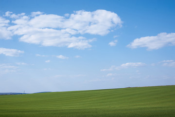 Beautiful field landscape. Countryside village rural natural background at sunny weather in spring...