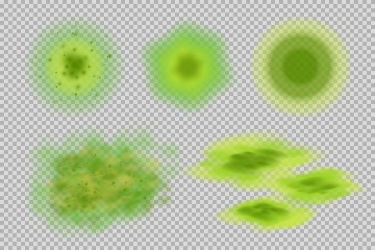 Contaminated spot, infection blots a vector set, green dirt stain illustrations, pathogenic mold blotch, contagion macula, biologically hazardous taint
