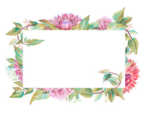 Banner decorated in a circle with flowers, handmade watercolor
