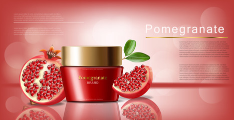 Pomegranate face cream realistic, red cosmetics, pink background