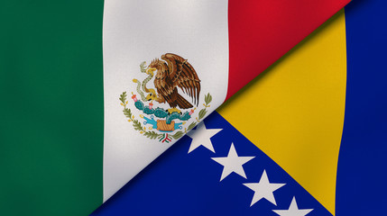 The flags of Mexico and Bosnia and Herzegovina. News, reportage, business background. 3d illustration