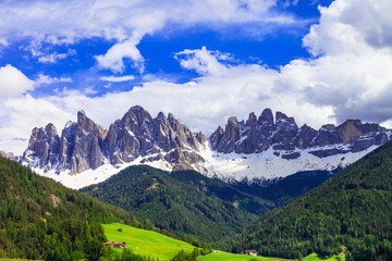 Impressive rocks of Dolomites mountains. Vall di Funes, northern Italy