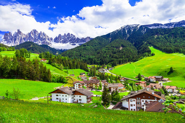 Mountain village in beautiful Dolomite Alps. Northern Italy, Trentino region