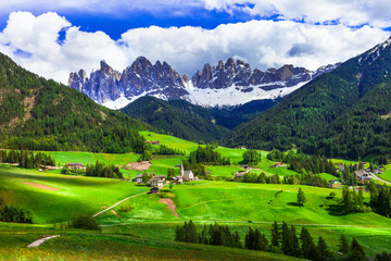 Idyllic nature scenery - impressive Dolomite mountains, Vall di Funes, Maddalena village, Italy