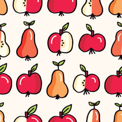 Cute Colorful Hand Drawn Felt Tip Pen Fresh and Juicy Apple and Pears Fruits on White Vector Seamless Pattern. Healthy Food Design. Vintage Cute Fruits Fashion, Textile Packaging Print