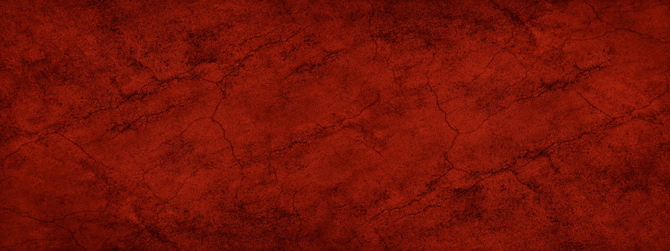 Abstract red grunge background. Dark red banner with old rough cracked asphalt texture.