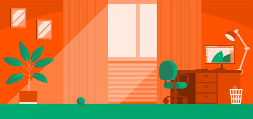 The interior of a cozy home room. Sunlight penetrates through the window. Computer table with lamp, potted plant on the floor. Vector illustration for background in orange colors.