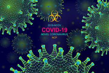 Background with low poly 3d green and blue viral cells. Novel Coronavirus 2019-nCoV. Virus Covid 19-NCP. Coronavirus nCoV denoted is single-stranded RNA virus. Biohazard symbol.