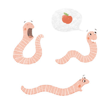 Funny cartoon hungry pink worm emotions set.