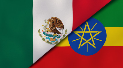 The flags of Mexico and Ethiopia. News, reportage, business background. 3d illustration
