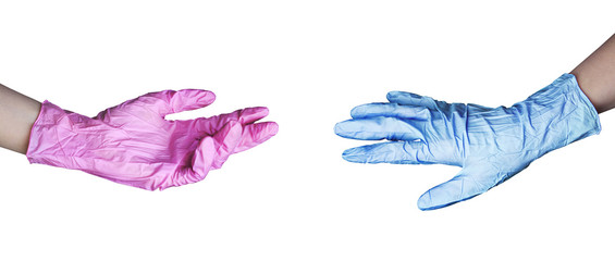 Two human hands in rubber medical gloves isolated close up, doctor or nurse hands in latex protective gloves, coronavirus quarantine banner, covid 19 isolation concept, helping hands sign, love symbol