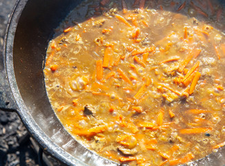 Soup with meat and carrots is cooked on a cast-iron cauldron.