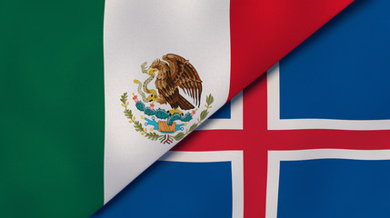 The flags of Mexico and Iceland. News, reportage, business background. 3d illustration