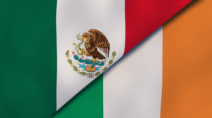 The flags of Mexico and Ireland. News, reportage, business background. 3d illustration