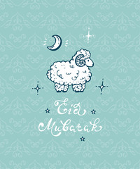 Greeting card template for Muslim Community Festival of Sacrifice Eid-Ul-Adha. Eid Mubarak Handwritten lettering with Hand Drawn Doodle Sheep. Vector Illustration
