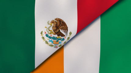 The flags of Mexico and Ivory Coast. News, reportage, business background. 3d illustration