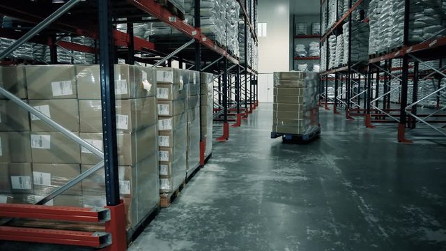 Pallet is picked up by an operator with an electric pallet truck in a warehouse. Products and pallet are stocked in big shelving. Company and warehouse logistics