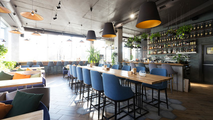 Loft style cafe and bar with luxury alcohol on shelves
