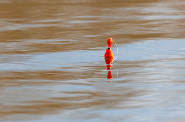 A fishing float floats on the waves.