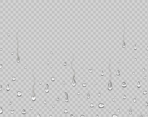 Realistic water droplets on glass. Rain drops condensed on window. Dew falls, steam shower background.