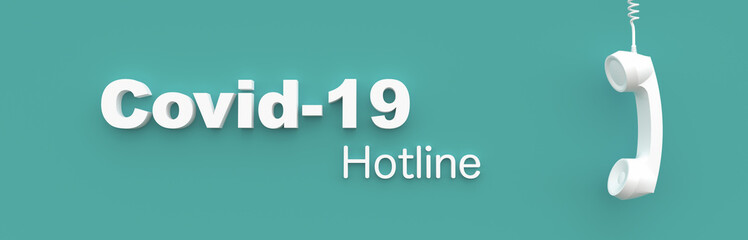Hotline Landline telephone in front of a color wall background. Corona Covid-19 Virus concept - 3D Rendering.