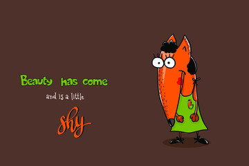 Cute fox in a green dress, for print on a T-shirt