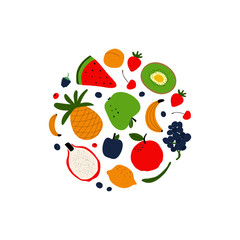 Vegetarian and raw food diet concept. Colorful card for print or web design with fruits and seeds. Flat vector illustration.