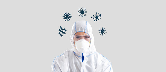 Fototapeta na wymiar Coronavirus epidemic protection. Collage with Asian man in protective suit and virus cells, grey background. Panorama