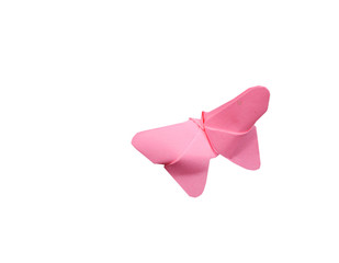 A pink origami paper butterfly isolated, white